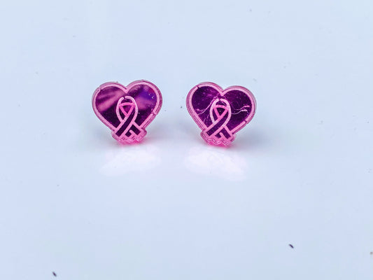 Breast Cancer Support Pink Ribbon Mirror Finish Acrylic Stud Earrings