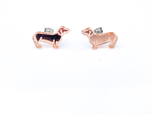 Sausage Dog Rose Gold Mirror Finish Acrylic Stud Earrings