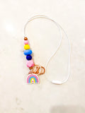 Silicone Bead Lanyard with Rose Gold or Gunmetal Keyring and Clip And rainbow charm