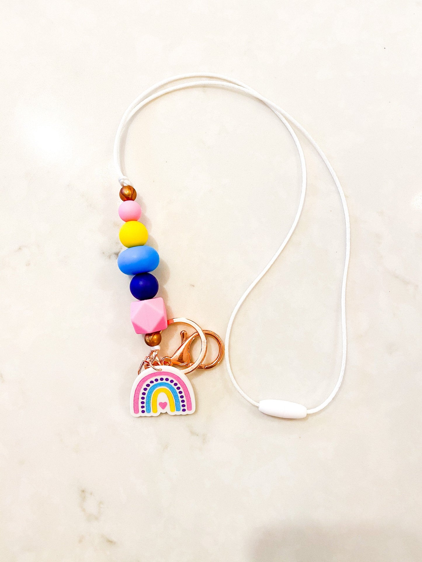 Silicone Bead Lanyard with Rose Gold or Gunmetal Keyring and Clip And rainbow charm