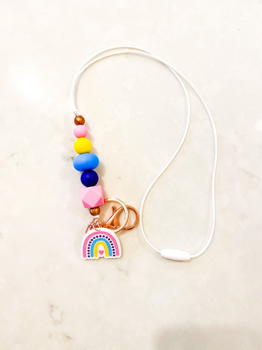 Silicone Bead Lanyard with Rose Gold or Gunmetal Keyring and Clip And rainbow charm