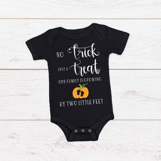 Halloween Baby Announcement "No Trick. Just a Treat. Our family is growing by two little feet"