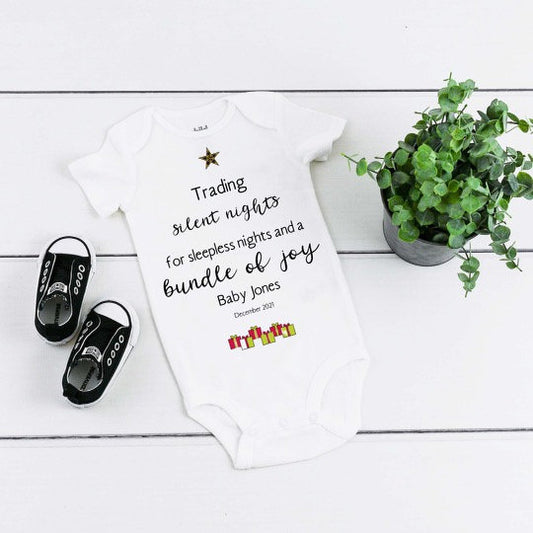 Christmas Baby Announcement "Trading Silent Nights for sleepless nights and a bundle of joy Baby (Insert Surname) Coming Dec (Insert Year)"