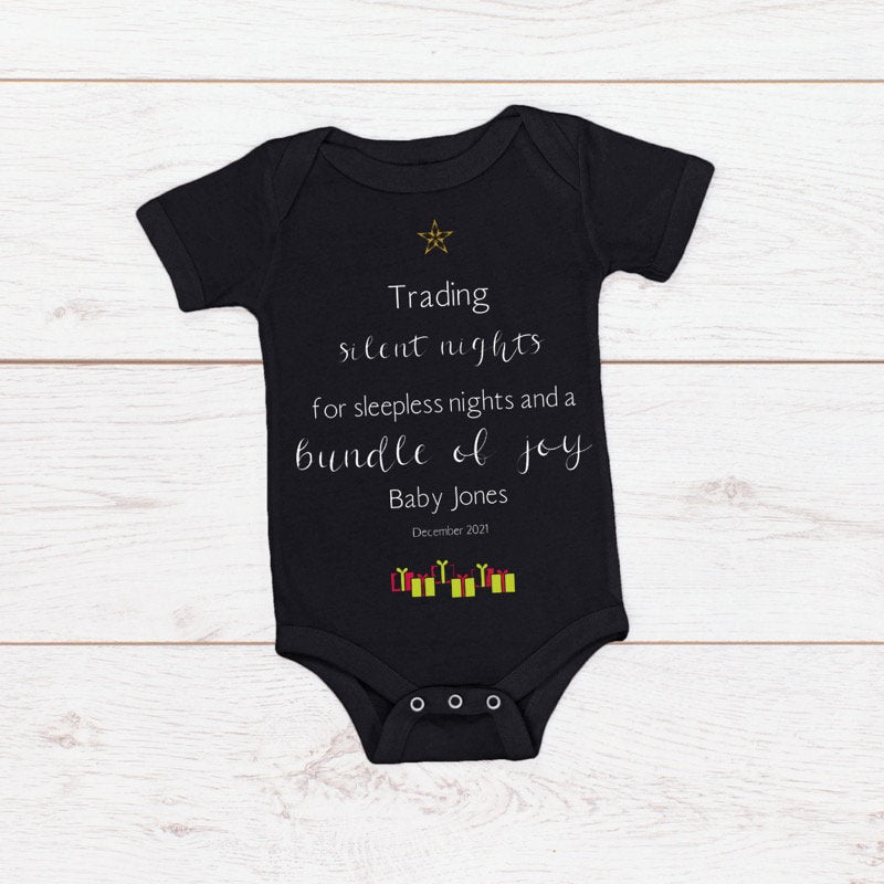 Christmas Baby Announcement "Trading Silent Nights for sleepless nights and a bundle of joy Baby (Insert Surname) Coming Dec (Insert Year)"