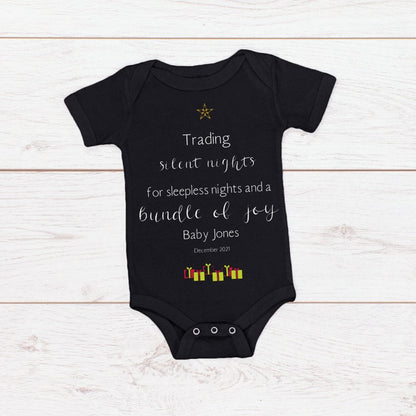 Christmas Baby Announcement "Trading Silent Nights for sleepless nights and a bundle of joy Baby (Insert Surname) Coming Dec (Insert Year)"
