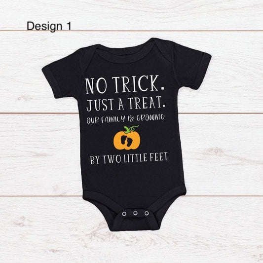 Halloween Baby Announcement "No Trick. Just a Treat. Our family is growing by two little feet"
