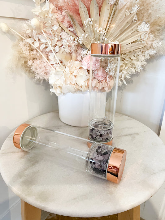550ml Rose Gold Glass Bottle infused with Amethyst, Rose Quartz and Clear Quartz Crystals | Crystal Healing | Crystal Elixir