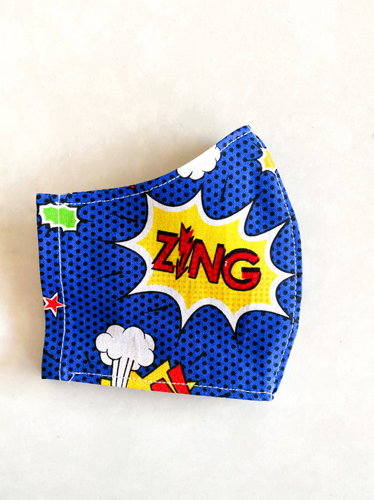 Comic Book Pow, Bam, Zing Handmade Fabric Face Mask 100% Cotton Reusable with Filter Pocket For Adults & Children