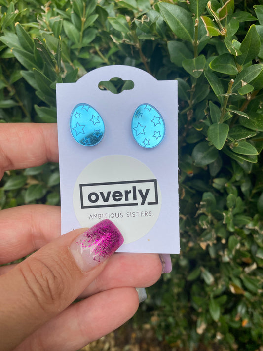 Easter Egg Star Pattern Blue Mirror Finish Acrylic Stud Earrings