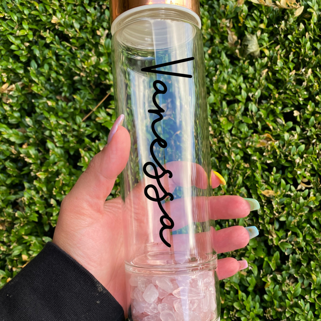 550ml Rose Gold Glass Bottle infused with Amethyst Crystals | Crystal Healing | Crystal Elixir