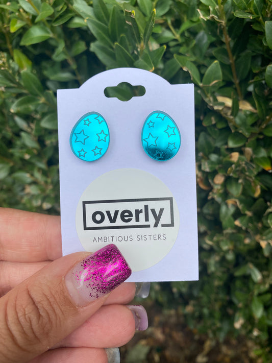 Easter Egg Star Pattern Green Mirror Finish Acrylic Stud Earrings