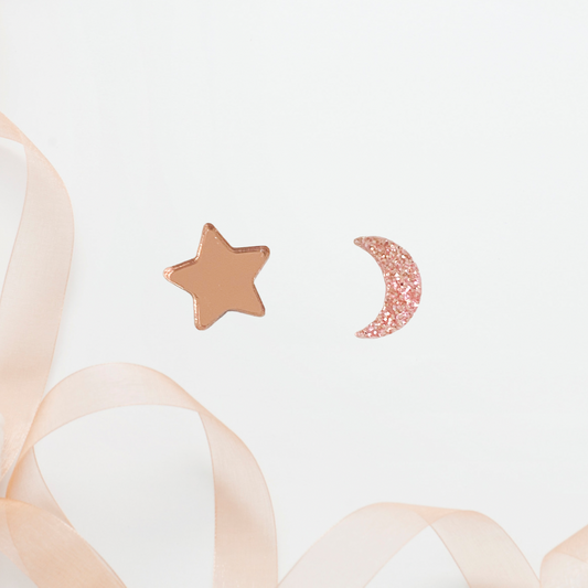 Moon and Stars Rose Gold Acrylic Stud Earrings